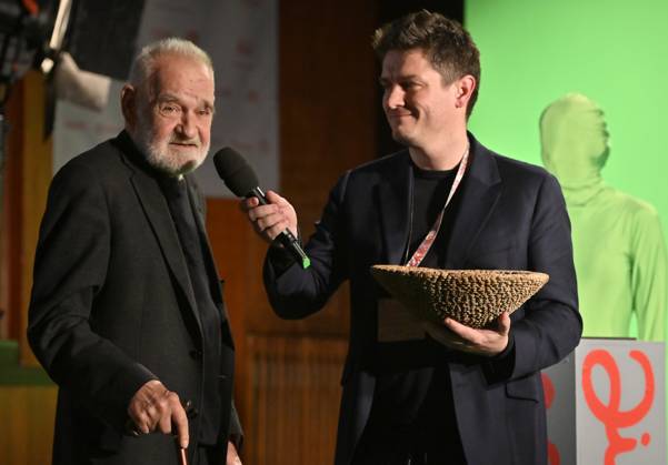 Closing ceremony of the 27th International Documentary Film Festival Ji.hlava, was held in Jihlava, Czech Republic, on October 23, 2023. The award for contribution to world cinema was presented to Hungarian director Bela Tarr (left) by festival president Marek Hovorka (right). (CTKxPhoto LubosxPavlicek) CTKPhotoP2023102806363  CTKPhotoP2023102806363