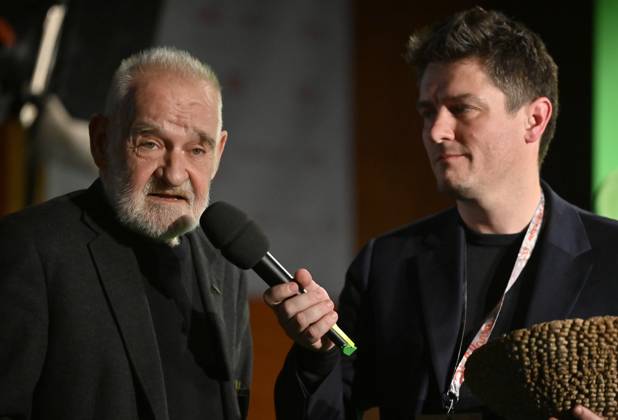 Closing ceremony of the 27th International Documentary Film Festival Ji.hlava, was held in Jihlava, Czech Republic, on October 23, 2023. The award for contribution to world cinema was presented to Hungarian director Bela Tarr (left) by festival president Marek Hovorka (right). (CTKxPhoto LubosxPavlicek) CTKPhotoP2023102806365  CTKPhotoP2023102806365