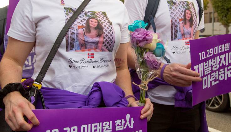 Itaewon tragedy, Oct 29, 2023 : Family members of Stine Roalkvam Evensen from Norway, a victim of the Itaewon crowd crush last year, wear T shirts showing her photo during a protest march at Itaewon street in Seoul, South Korea. Stine Roalkvam Evensen was 20. Thousands of people and family members of the victims gathered in central Seoul to cherish the memories of the deceased at a memorial event marking the first anniversary of the deadly Itaewon crowd crush that claimed 159 lives. They demanded a probe into the disaster and punishment of officials found responsible for the tragedy.  , aflo_234053820.jpg,