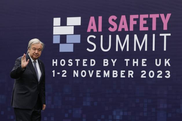Bilder des Jahres 2023, News 11 November News Themen der Woche KW44 News Bilder des Tages (231103) -- BLETCHLEY PARK, Nov. 3, 2023 -- UN Secretary-General Antonio Guterres attends AI Safety Summit in Bletchley Park, Britain, Nov. 2, 2023. A declaration on artificial intelligence (AI) safety was issued during the summit here. Under the declaration, 28 countries and the European Union (EU) agreed on the need for a new global effort to ensure AI is developed and used in a safe and responsible way. ( Handout via Xinhua) BRITAIN-BLETCHLEY PARK-AI SAFETY-DECLARATION SimonxDawson Nox10xDowningxStreet