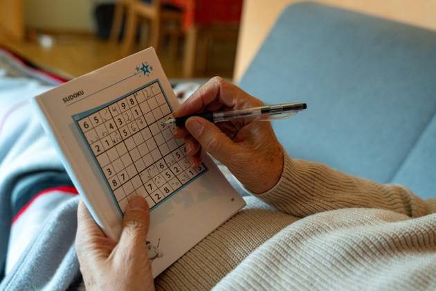 An old woman lies on a sofa in the living room and plays Sudoku in a book with a pen