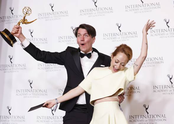 Bilder des Jahres 2023, Entertainment 11 November Entertainment Themen der Woche KW47 Entertainment Bilder des Tages Executive producer Jochen Laube and showrunner Katharina Eyssen arrive to the press room with cast and crew as they hold the International Emmy award for Drama Series for the German television show The Empress at the 51st International Emmy Awards at New York Hilton Midtown in New York City on Monday, November 20, 2023.  NYP20231120272 JohnxAngelillo