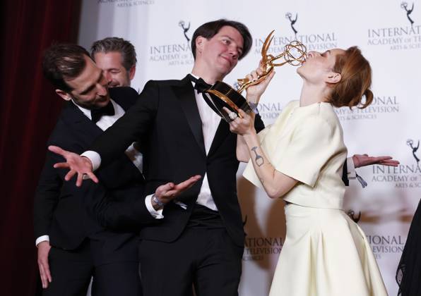 Executive producer Jochen Laube and showrunner Katharina Eyssen arrive to the press room with cast and crew as they hold the International Emmy award for Drama Series for the German television show The Empress at the 51st International Emmy Awards at New York Hilton Midtown in New York City on Monday, November 20, 2023.  NYP20231120273 JohnxAngelillo