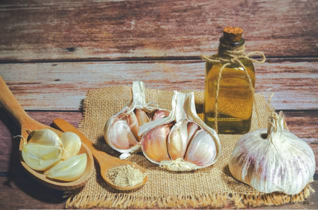 Ganzer, pulverisierter und gehackter Knoblauch auf einem Jutetuch und einer Glasflasche mit Olivenöl auf einem Holztisch Copyright: imageBROKER/josexhernandezxantona ibxjhh09928768