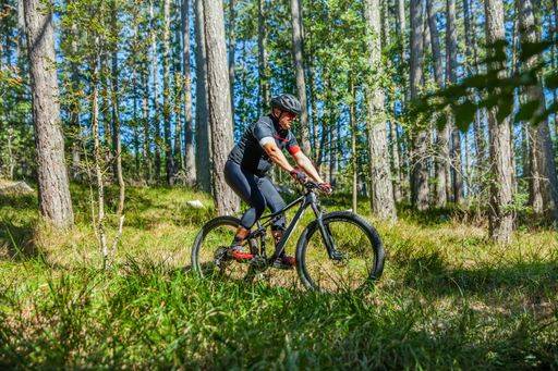 A man riding a bicycle in the forest during daytime 422347 ,model released, Symbolfoto RECORD DATE NOT STATED