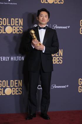 January 7, 2024, Beverly Hills, California, USA: Steven Yeun in the press room of the 81st Annual Golden Globe Awards on Sunday January 7, 2024 at the The Beverly Hilton Hotel in Beverly Hills, California. ARIANA RUIZ PI Beverly Hills USA - ZUMAp124 20240107_zaa_p124_013 Copyright: xArianaxRuizx