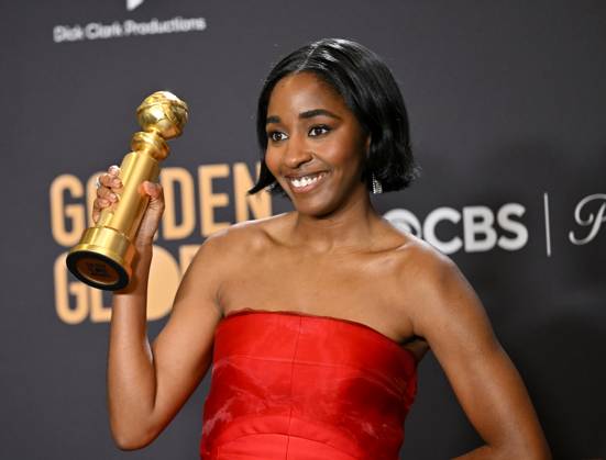 Ayo Edebiri appears backstage after winning the award for Best Performance by a Female Actor in a Television Series ? Musical or Comedy award for The Bear during the 81st annual Golden Globe Awards at the Beverly Hilton in Beverly Hills, California on Sunday, January 7, 2024.  LAP202401070245 CHRISxCHEW