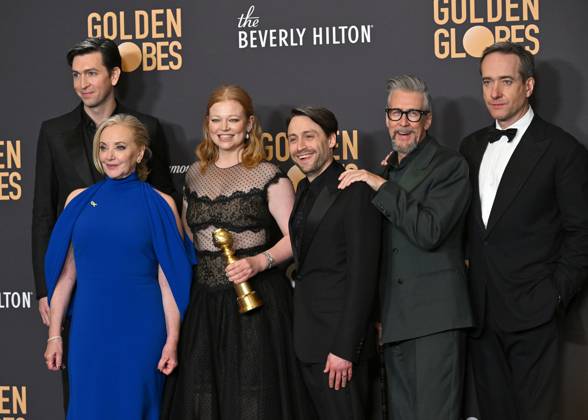 (L-R) Nicholas Braun, J. Smith-Cameron, Sarah Snook, Kieran Culkin, Alan Ruck, and Matthew Macfadyen, winners of the Best Television Series - Drama for Succession, during the 81st annual Golden Globe Awards at the Beverly Hilton in Beverly Hills, California on Sunday, January 7, 2024. LAP202401070365 CHRISxCHEW