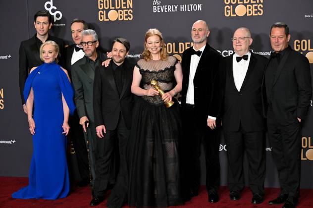 (L-R) Nicholas Braun, J. Smith-Cameron, Matthew Macfadyen, Alan Ruck, Kieran Culkin, Sarah Snook, Jesse Armstrong, Frank Rich, and Mark Mylod, winners of the Best Television Series - Drama for Succession, during the 81st annual Golden Globe Awards at the Beverly Hilton in Beverly Hills, California on Sunday, January 7, 2024. LAP202401070367 CHRISxCHEW