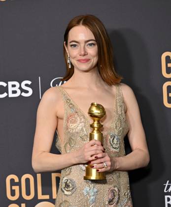 Emma Stone appears backstage after winning the award for Best Performance by an Actress in a Motion Picture, Musical or Comedy award for Poor Things during the 81st annual Golden Globe Awards at the Beverly Hilton in Beverly Hills, California on Sunday, January 7, 2024.  LAP202401070298 CHRISxCHEW