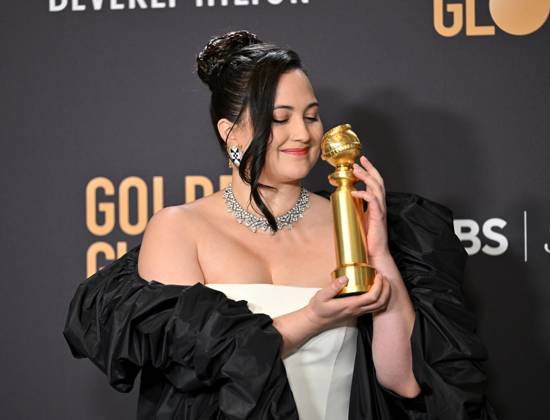 Lily Gladstone appears backstage after winning the award for Best Performance by a Female Actor in a Motion Picture ? Drama award for Killers of the Flower Moon, during the 81st annual Golden Globe Awards at the Beverly Hilton in Beverly Hills, California on Sunday, January 7, 2024.  LAP202401070312 CHRISxCHEW