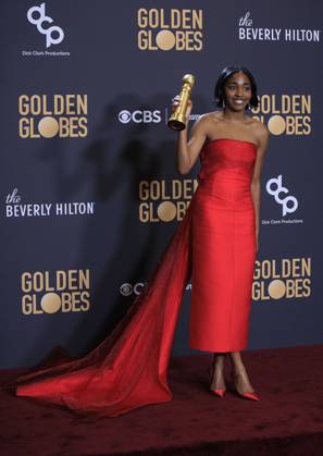January 7, 2024, Beverly Hills, California, USA: Ayo Edebiri in the press room of the 81st Annual Golden Globe Awards on Sunday January 7, 2024 at The Beverly Hilton Hotel in Beverly Hills, California. ARIANA RUIZ PI Beverly Hills USA - ZUMAp124 20240107_zaa_p124_145 Copyright: xArianaxRuizx