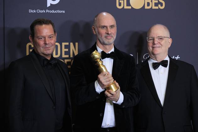 January 7, 2024, Beverly Hills, California, USA: Kevin J. Messick, Jesse Armstrong, and Frank Rich (L-R) in the press room of the 81st Annual Golden Globe Awards on Sunday January 7, 2024 at The Beverly Hilton Hotel in Beverly Hills, California. ARIANA RUIZ PI Beverly Hills USA - ZUMAp124 20240107_zaa_p124_166 Copyright: xArianaxRuizx