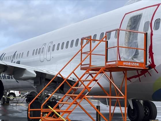 January 8, 2024, Portland, OR, United States: NTSB investigators sealed off the failed door plug of Alaska Airlines Flight 1282, a Boeing 737-9 MAX commercial aircraft, January 7, 2024 in Portland, Oregon. The aircraft suffered a blowout of a door plug on January 5th resulting in uncontrolled decompression of the aircraft and forcing an emergency landing. Portland United States - ZUMAp138 20240108_zaa_p138_009 Copyright: xNtsb NationalxTransportationx