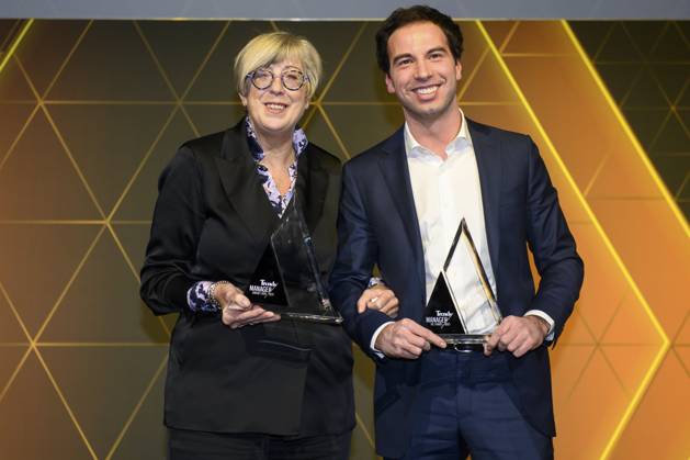 39th Manager of the Year 2023 LAEKEN, BELGIUM - JANUARY 10 : 39th edition of Manager of the Year. The Trends Manager of the Year is an initiative of Trends in collaboration with Kanaal Z. For the 39th time already, Trends is awarding the Trends Manager of the Year trophy to the manager whose company has made a valuable contribution to the Flemish economy and has played a pioneering role in it. Winners Lieve Mastery CEO Euroclear and Michael Labor CEO of PMsweet pictured on JANUARY 10, 2024 in Laeken, Belgium, 10 1 24 Laeken Belgium  Copyright: xPhilipxReynaersx