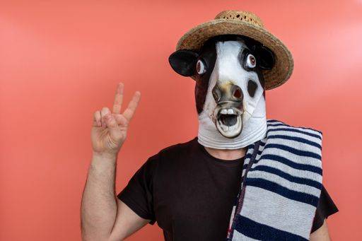 IMAGO Creative, Gesellschaft, Fasching A man in a cows head costume with a towel and straw hat isolated on a pink background 2021977 RECORD DATE NOT STATED