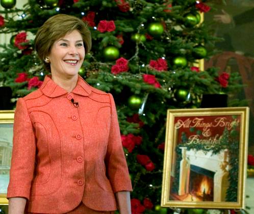 White House Christmas Decorations Washington, D.C. - November 30, 2005 -- Mrs. Laura Bush announced ÒAll Things Bright and BeautifulÓ as the theme for the 2005 holiday season at the White House today. This yearÕs holiday decorations bring nature s beauty to the White House. Simple, yet elegant, decorations highlight creations from the natural world. Fresh greens, fruit and flowers awaken the senses of smell, taste and sight. The color schemes of tangerine, lime green and hot pink boldly accent the traditional touches of the holiday decorations. The official White House Christmas tree occupies most of the Blue Room. The 18? foot Fraser fir was grown by Earl and Betsy Deal and their children, Meg and Buddy, of Laurel Springs, North Carol Copyright: xx RonxSachsx cnpphotos003381