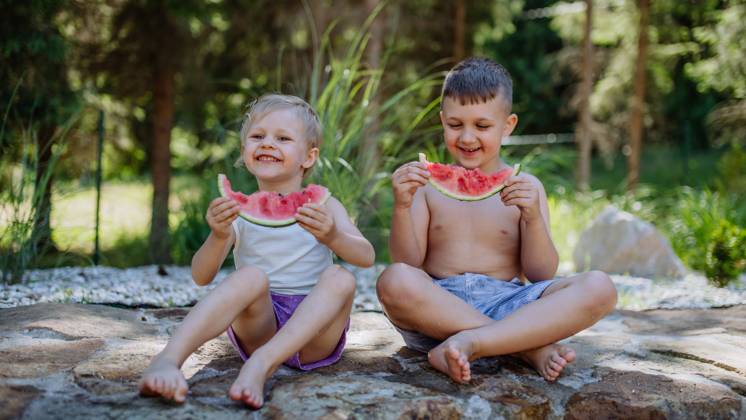 Little chidren sitting near lake and eating watermelon on hot sunny day during summer vacation. Little chidren sitting near a lake and eating watermelon on hot sunny day during summer vacation. model released Copyright: xx HHH SOLO TZ KYSUCE DOVOLENKA 2022 HHH 468