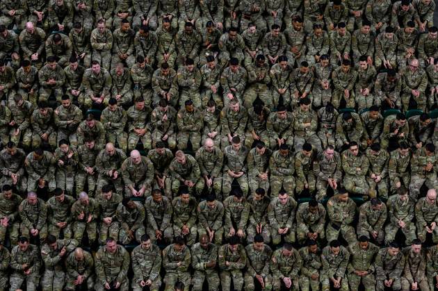 January 14, 2024 - Trenton, New Jersey, USA - Soldiers with the 44th Infantry Brigade Combat Team, New Jersey Army National Guard, sit in formation during the 44th IBCT™s farewell ceremony at the Cure Insurance Arena, Trenton, New Jersey, January. 14, 2024. More than 1,500 NJARNG Soldiers will deploy in support of U.S. Central Command™s Combined Joint Task Force - Operation Inherent Resolve. CJTF-OIR advises, assists, and enables partnered forces until they can independently defeat Islamic State of Iraq and Syria ISIS in designated areas of Iraq and Syria, in order to set conditions for long-term security cooperation frameworks. It is the largest deployment of New Jersey Army National Guard Soldiers since 2008 Trenton USA - ZUMAz03_ 20240114_shv_z03_147 Copyright: xU.S.xArmyx