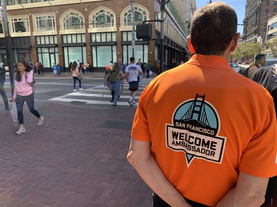 September 27, 2023, San Francisco, California, USA: Ron, a Welcome Ambassador for San Francisco shown along Market Street in San Francisco California on Wednesday, September 27, 2023. The city of San Francisco has come under a lot of attack for how it is handling the homeless, drug and retail fallout in Downtown San Francisco. San Francisco USA - ZUMAm117 20230927_zaf_m117_045 Copyright: xDavidxG.xMcIntyrex