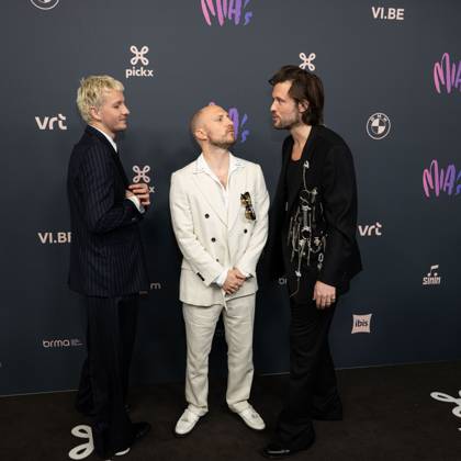 Singer-keyboard player Olivier Symons of Bazart, Singer-guitarist Simon Nuytten of Bazart and Singer Mathieu Terryn of Bazart pictured on the red carpet at the 16th edition of the MIA s (Music Industry Award) award show, in Antwerp, Wednesday 24 January 2024. The Music Industry Awards are the Flemish Music prizes handed out by the VRT and VI.BE.  JONASxROOSENS 84569873