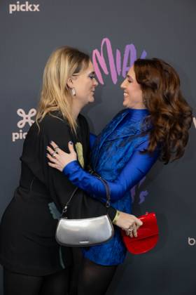 radio host Fien Germijns and radio presenter Michele Cuvelier pictured on the red carpet at the 16th edition of the MIA s (Music Industry Award) award show, in Antwerp, Wednesday 24 January 2024. The Music Industry Awards are the Flemish Music prizes handed out by the VRT and VI.BE.  JONASxROOSENS 84570303