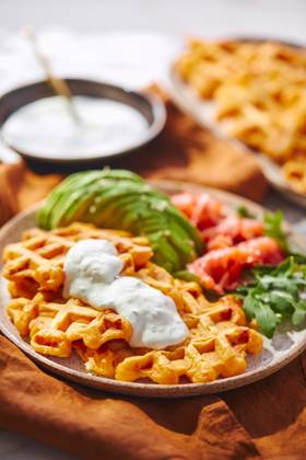 Hearty sweet potato or pumpkin waffles with avocado, salmon, arugula and sauce Hearty sweet potato or pumpkin waffles with avocado, salmon, arugula and sauce Copyright: xZoonar.com BurakovaxIrinax 21030466