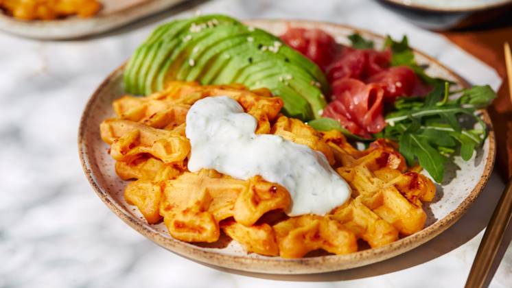 Hearty sweet potato or pumpkin waffles with avocado, salmon, arugula and sauce Hearty sweet potato or pumpkin waffles with avocado, salmon, arugula and sauce Copyright: xZoonar.com BurakovaxIrinax 21068402