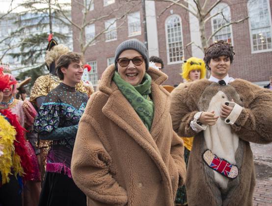 US actress Annette Bening reacts before a parade, through the Harvard Yard in her honor, as she is named the Harvard University s Hasty Pudding Theatricals 2024 Woman of the Year in Cambridge, MA on Tuesday, February 06, 2024.  BOS20240206003 AmandaxSabga
