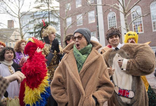 US actress Annette Bening cheers before a parade, through the Harvard Yard in her honor, as she is named the Harvard University s Hasty Pudding Theatricals 2024 Woman of the Year in Cambridge, MA on Tuesday, February 06, 2024.  BOS20240206004 AmandaxSabga