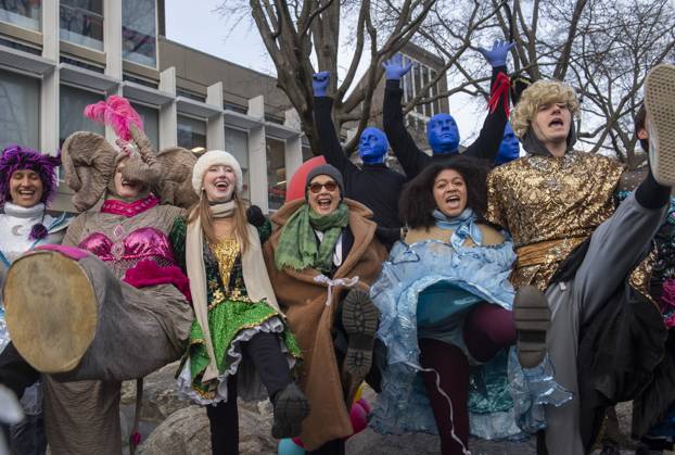 US actress Annette Bening, flanked by Harvard students, does a high kick with students following a parade, through the Harvard Yard in her honor, as she is named the Harvard University s Hasty Pudding Theatricals 2024 Woman of the Year in Cambridge, MA on Tuesday, February 06, 2024.  BOS20240206029 AmandaxSabga
