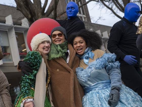 US actress Annette Bening (C) hugs Harvard students Emma Rogers, 21, and Isabel Wilson, 19, following a parade, through the Harvard Yard in her honor, as she is named the Harvard University s Hasty Pudding Theatricals 2024 Woman of the Year in Cambridge, MA on Tuesday, February 06, 2024.  BOS20240206034A AmandaxSabga
