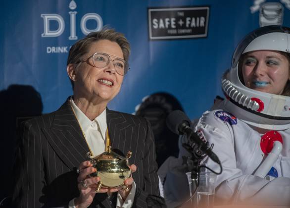 US actress Annette Bening holds her Pudding Pot during a press conference, following a roast in her honor, as she is named the Harvard University s Hasty Pudding Theatricals 2024 Woman of the Year in Cambridge, MA on Tuesday, February 06, 2024.  BOS20240206046 AmandaxSabga
