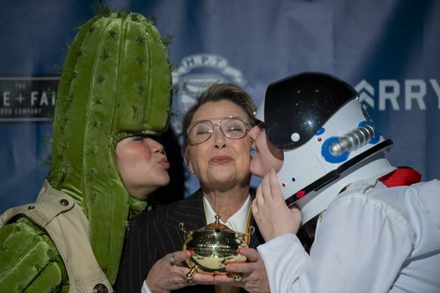 US actress Annette Bening is kissed by Harvard students Crystal Manyloun (L) and Maureen Clare (R) following a roast in her honor, as she is named the Harvard University s Hasty Pudding Theatricals 2024 Woman of the Year in Cambridge, MA on Tuesday, February 6, 2024.  BOS20240206054 AmandaxSabga