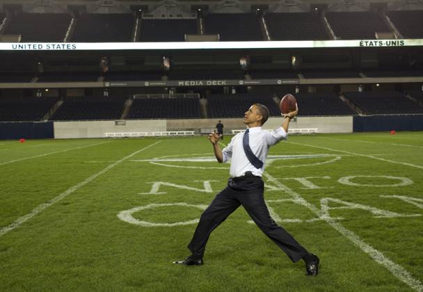 Set to Pass United States President Barack Obama throws a football on the field at Soldier Field following the NATO working dinner in Chicago, Illinois, Sunday, May 20, 2012. Mandatory Credit: Pete Souza - White House via CNP Chicago Illinois United States of America EDITORIAL USE ONLY Copyright: xx P052012PS-0932 PetexSouzax cnpphotos039555