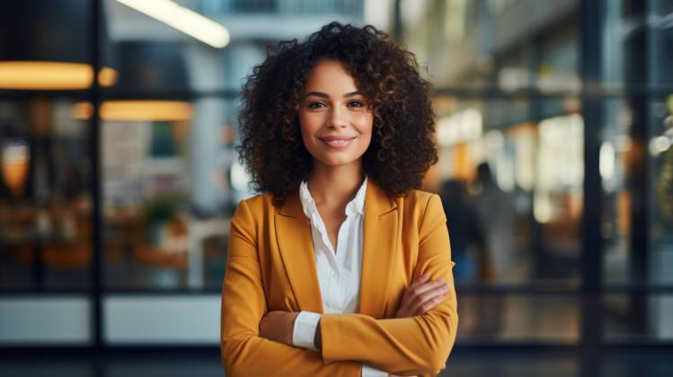Portrait of young businesswoman standing with arms crossed in office. - Generative AI