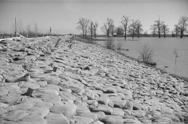 The Bessie Levee, along a subsidiary of the Mississippi River, augmented with sand bags during the flood near Tiptonville, Tennessee, 1937 (b w photo) 3666434 The Bessie Levee, along a subsidiary of the Mississippi River, augmented with sand bags during the flood near Tiptonville, Tennessee, 1937 (b w photo) by Evans, Walker (1903-75); Private Collection; (add.info.: Photograph taken for the U.S. Resettlement Administration: a New Deal U.S. federal agency that, between April 1935 and December 1936, relocated struggling urban and rural families to communities planned by the federal government. ). Copyright: xBridgemanxImagesx 3666434