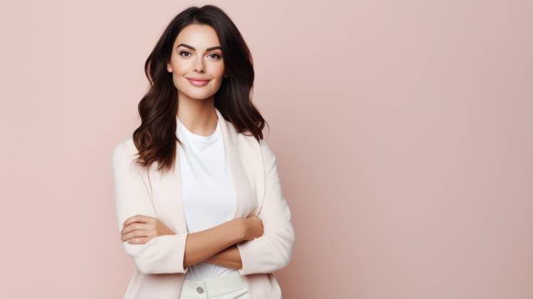Portrait of a young business woman standing with crossed arms over pink background - Generative AI