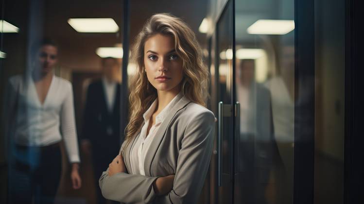 Portrait of a young businesswoman standing in the office, looking at camera. - Generative AI