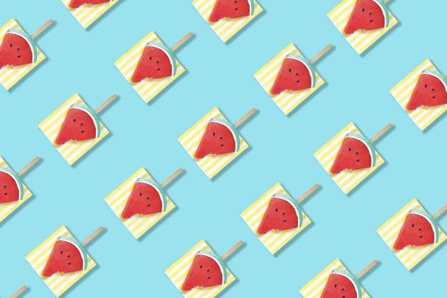 Modern retro color theme pattern of watermelon graphics against an aqua blue background. Modern retro color theme pattern of watermelon graphics against an aqua blue background. Copyright: xMilleflorexImagesx MIL150124-12