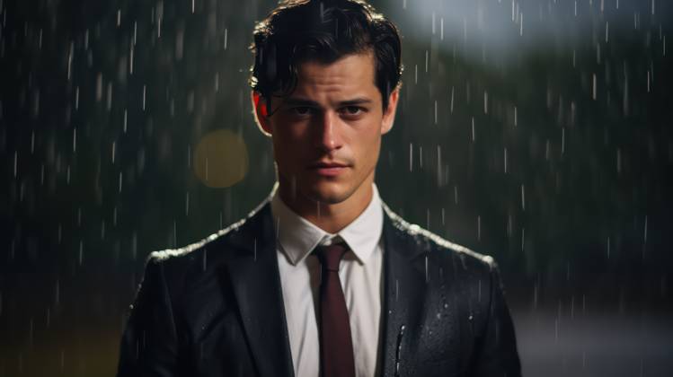 Portrait of a young businessman standing in the rain and looking at camera - Generative AI