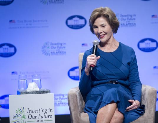 Former first lady Laura Bush participates in a conversation with first lady Michelle Obama on Investing in our Future at the U.S. - Africa Leaders Summit at the John F. Kennedy Center for the Performing Arts in Washington, D.C. on Wednesday, August 6, 2014. Credit: Ron Sachs Pool via CNP EDITORIAL USE ONLY Copyright: xx x cnpphotos049644