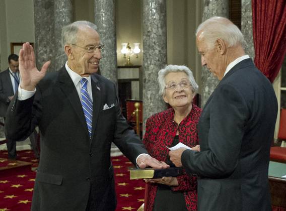 United States Vice President Joe Biden, right, administers the oath of office during a mock swearing-in ceremony to US Senator Chuck Grassley (Republican of Iowa), left, in the Old US Senate Chamber in the US Capitol in Washington, DC on Tuesday, January 3, 2017. Grassley s wife, Barbara holds the Bible at center. Credit: Ron Sachs CNP (RESTRICTION: NO New York or New Jersey Newspapers or newspapers within a 75 mile radius of New York City) EDITORIAL USE ONLY Copyright: xx x cnpphotos065145