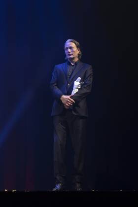 Actor Mads Mikkelsen wins a Bodil for best male lead in the film The Promised Land(Bastarden). Bodil Award 2024 at the Folketeatret in Copenhagen on Saturday, March 16, 2024.. (Photo: Claus Bech Ritzau Scanpix) , Copenhagen Denmark