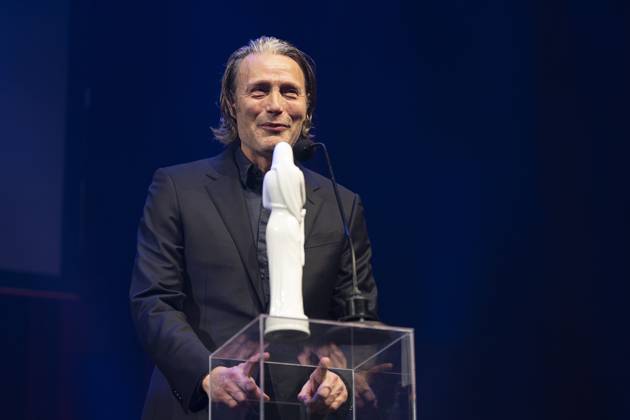 Actor Mads Mikkelsen wins a Bodil for best male lead in the film The Promised Land(Bastarden). Bodil Award 2024 at the Folketeatret in Copenhagen on Saturday, March 16, 2024.. (Photo: Claus Bech Ritzau Scanpix) , Copenhagen Denmark