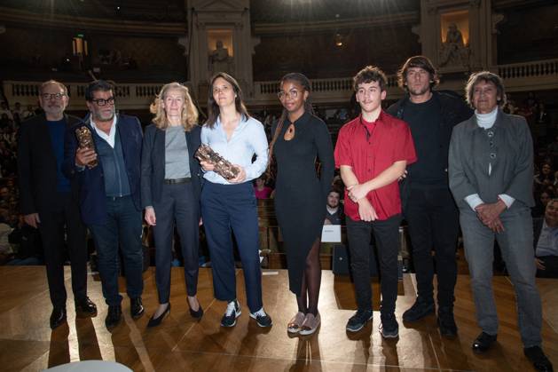 Cesar Des Lyceens 2024 Award Director Jeanne Herry holds her trophy next to Jean-Pierre Darroussin, Alain Attal, French Minister for Education and Youth Nicole Belloubet, Hugo Selignac and Veronique Cayla attending the Cesar Des Lyceens 2024 Award at La Sorbonne In Paris in Paris, France, on March 20, 2024. Photo by Aurore Marechal ABACAPRESS.COM Paris France  Copyright: xMarechalxAurore ABACAx