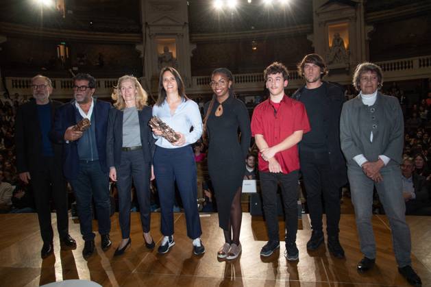 Cesar Des Lyceens 2024 Award Director Jeanne Herry holds her trophy next to Jean-Pierre Darroussin, Alain Attal, French Minister for Education and Youth Nicole Belloubet, Hugo Selignac and Veronique Cayla attending the Cesar Des Lyceens 2024 Award at La Sorbonne In Paris in Paris, France, on March 20, 2024. Photo by Aurore Marechal ABACAPRESS.COM Paris France  Copyright: xMarechalxAurore ABACAx
