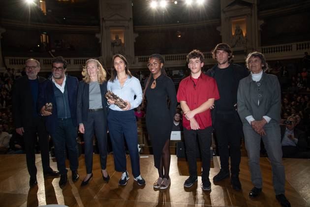 Cesar Des Lyceens 2024 Award Director Jeanne Herry holds her trophy next to Jean-Pierre Darroussin, Alain Attal, French Minister for Education and Youth Nicole Belloubet, Hugo Selignac and Veronique Cayla attending the Cesar Des Lyceens 2024 Award at La Sorbonne In Paris in Paris, France, on March 20, 2024. Photo by Aurore Marechal ABACAPRESS.COM Paris France  Copyright: xMarechalxAurore ABACAx