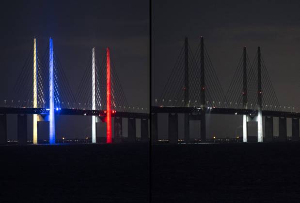 MALMÖ 2024 03 23 Öresund Bridges 203.5 meter high pylons in the Nordic colors to celebrate Nordic Day on Saturday until 20  Copyright: xJohanxNilsson TTx NORDENS DAG OCH EARTH HOUR ÖRESUNDSBRON 9g45kUvtbbk