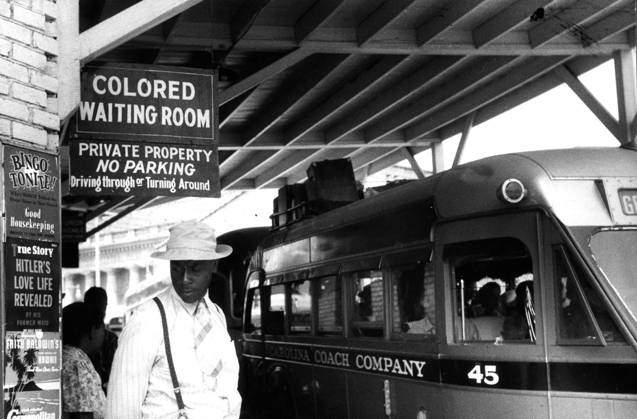Colored waiting room in North Carolina, 1940 (b w photo) 3617856 Colored waiting room in North Carolina, 1940 (b w photo) by Delano, Jack (1914-97); Private Collection; (add.info.: At the bus station in Durham, North Carolina Jim Crow laws were state and local laws that enforced racial segregation in the Southern United States which continued to be enforced until 1965). Copyright: xBridgemanxImagesx 3617856